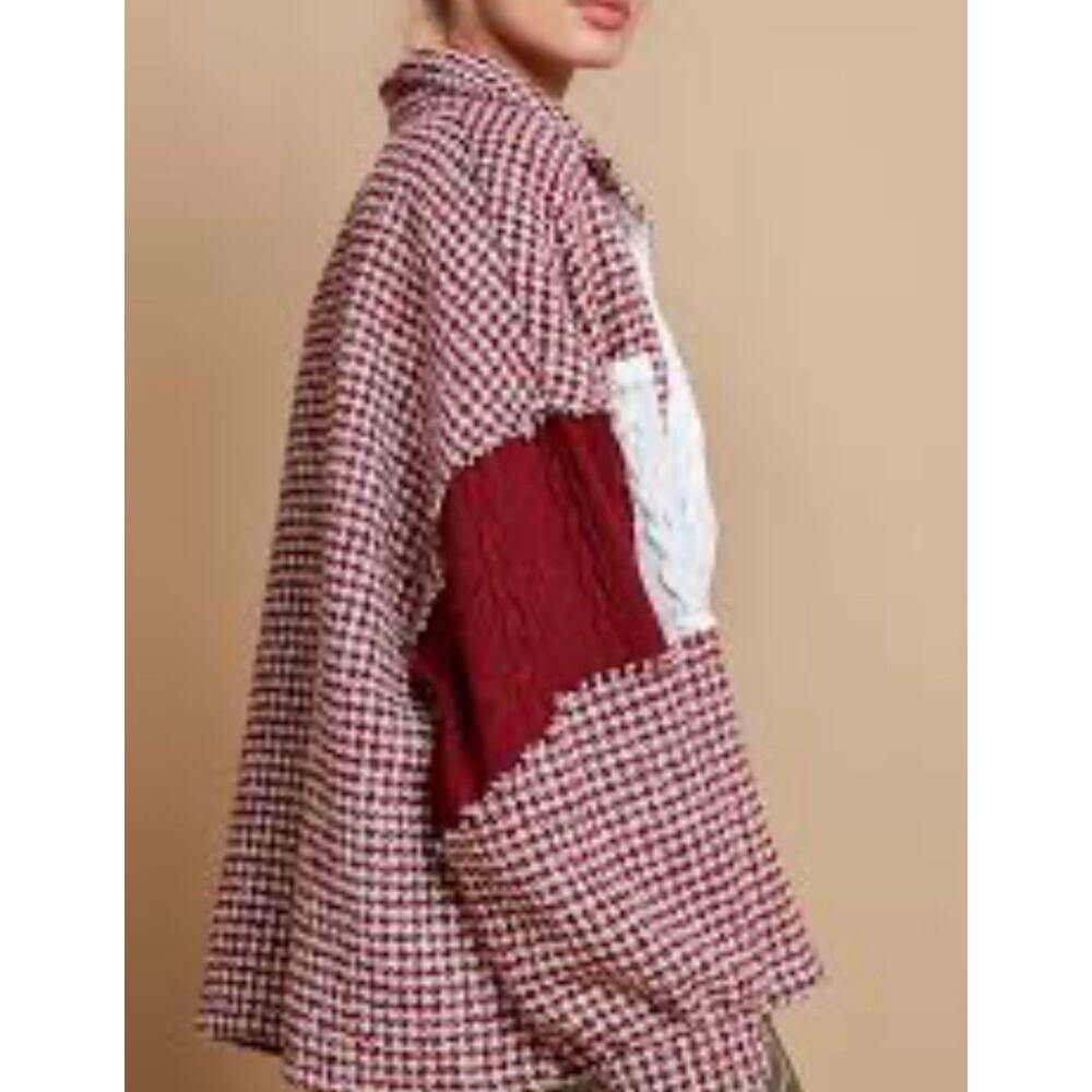 POL Pieced Houndstooth Contrast Cable Knit Shacket in Red White Size Medium